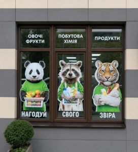 Поклейка вітрин продуктового магазину